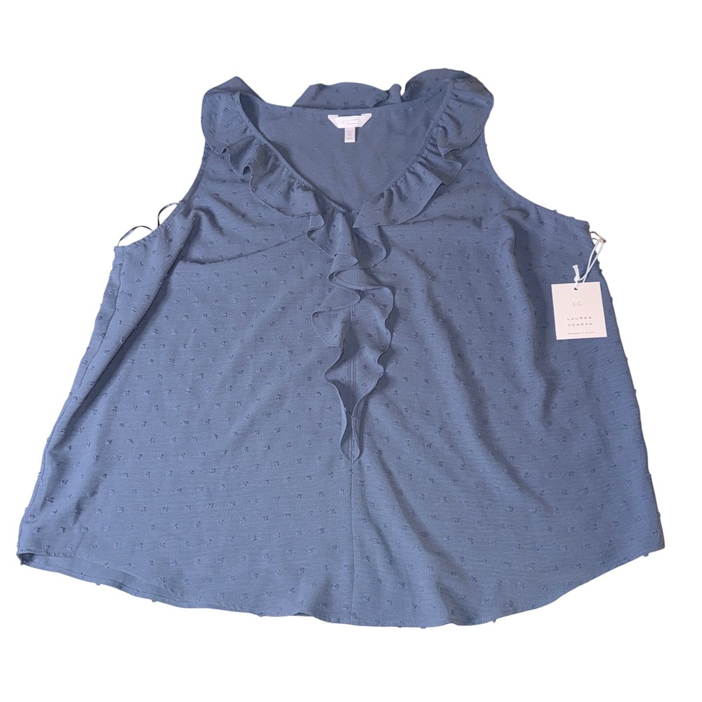 LC Lauren Conrad Cascading Ruffle Tank 1X Blue Clip Dot Sleeveless Top